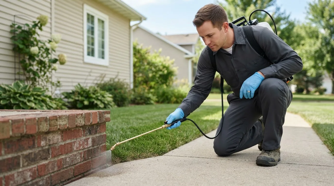 Pest control technician treating a home near Onset, MA
